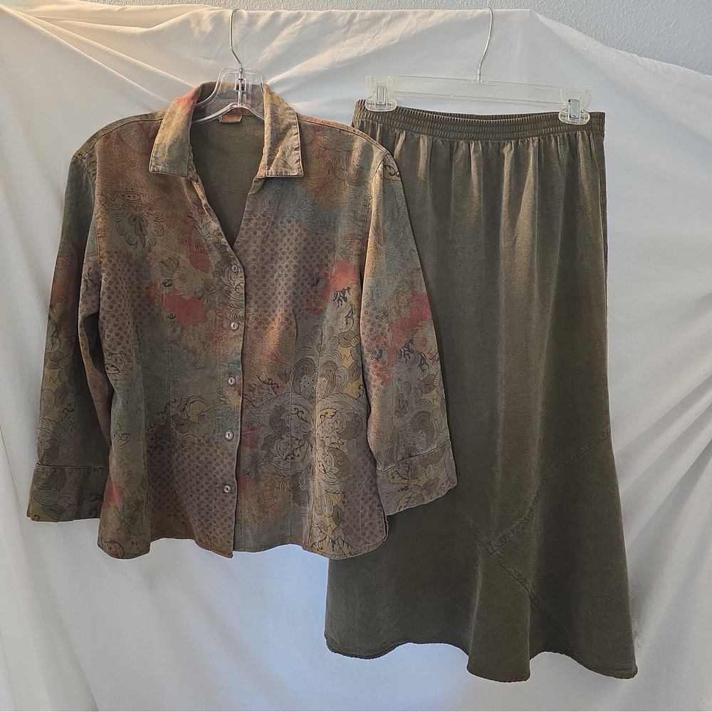 Vtg Tianello 2-piece Tencel Blend Print Top & Midi Skirt Set USA Made Boho-chic